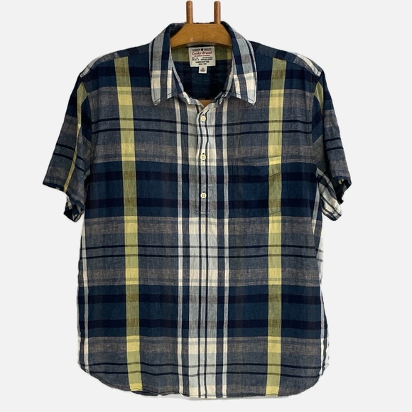 Lucky Brand Men’s Half Placket Shirt Size XL Plaid Short Sleeve Cotton Linen - Picture 1 of 8